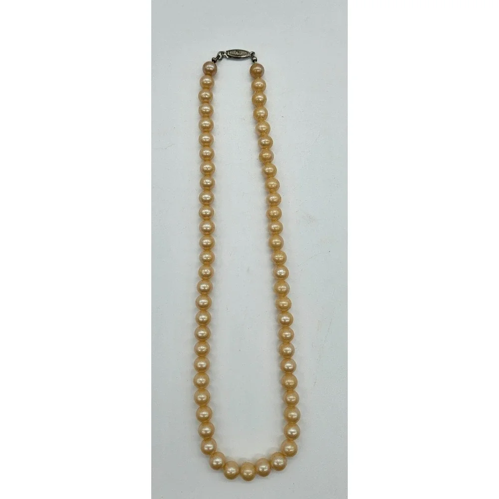 Vintage Japan Faux Pearl Necklace Champagne Single Strand Knotted Choker 15